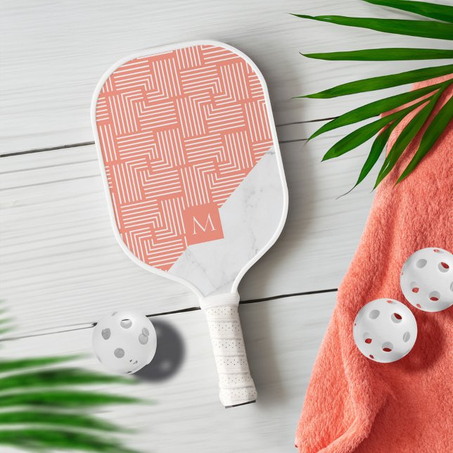 Modern Geometric Pattern White Marble Monogrm Pickleball Paddle (Modern Geometric Pattern White Marble Monogrm Pickleball Paddle)