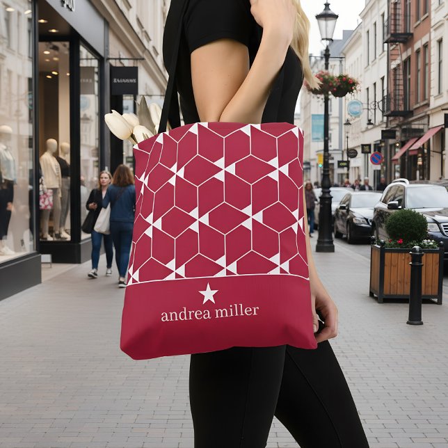 Modern geometric pattern with star Monogram Tote Bag (red shopping tote bag)