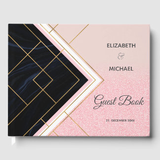 Modern Geometric Pink Gold Strokes Design Guest Book