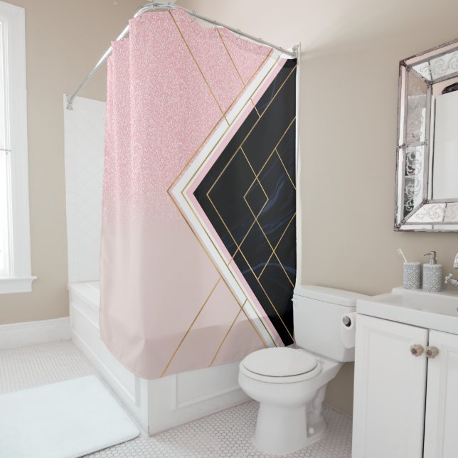 Modern Geometric Pink Gold Strokes Design Shower Curtain (In Situ)