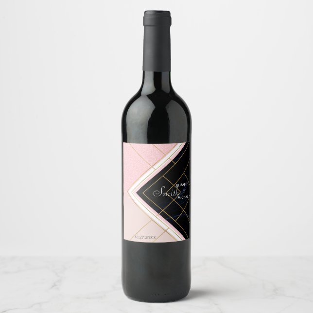 Modern Geometric Pink Gold Strokes Design Wine Label (Front)