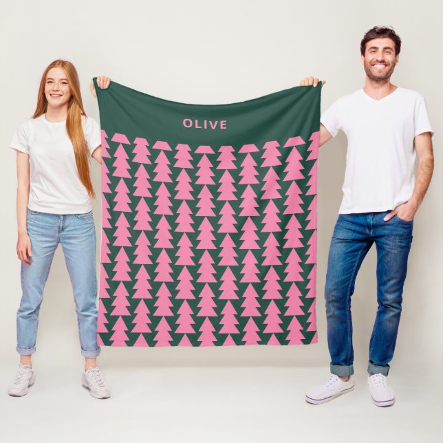 Modern geometric pink green Christmas tree graphic Fleece Blanket (In Situ)