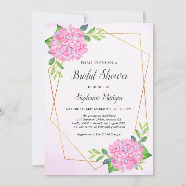 Modern Geometric Pink Hydrangea Bridal Shower Invitation (Front)