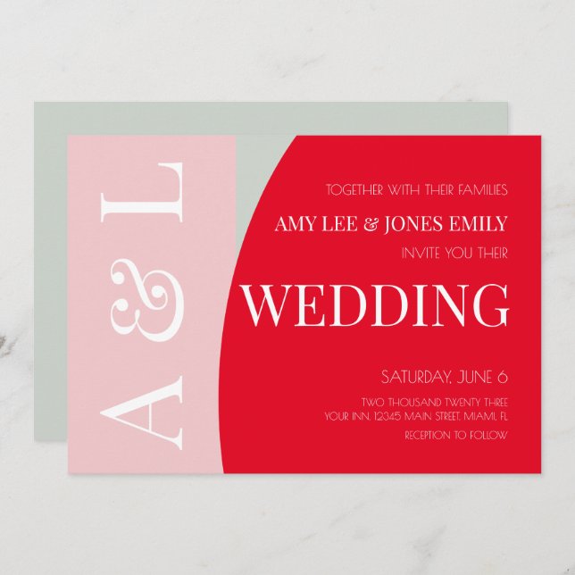 Modern Geometric Pink Red Bright Wedding  Invitation (Front/Back)