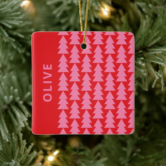 Modern geometric pink red Christmas tree graphic Ceramic Ornament (Tree)
