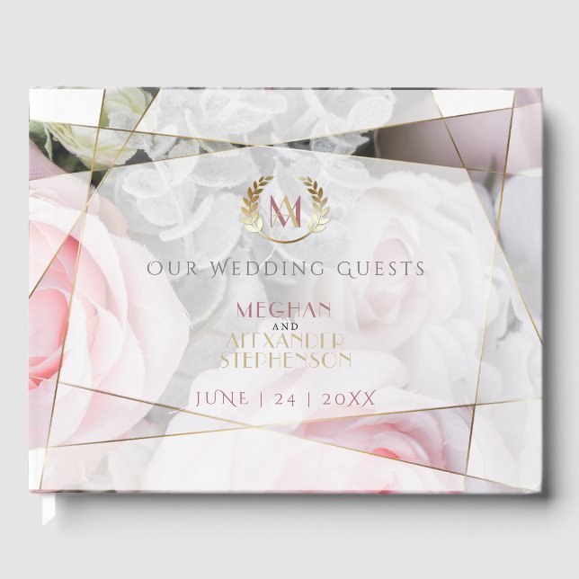 Modern Geometric Pink Roses Wedding Guest Book (Front)