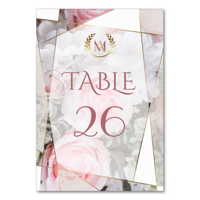 Modern Geometric Pink Roses Wedding Table Number (Front)