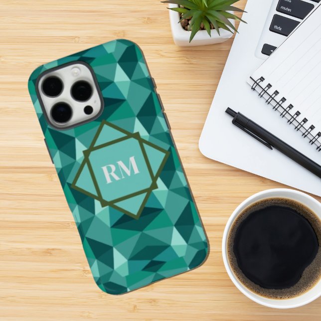 Modern Geometric Polygon Teal Turquoise Monogram  iPhone Case (Creator Uploaded)