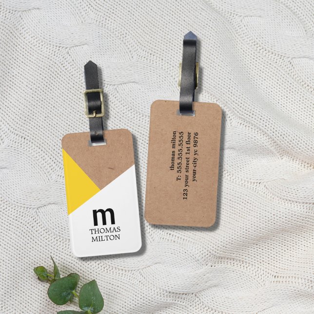 Modern Geometric Printed Kraft White Yellow Luggage Tag (Creator Uploaded)