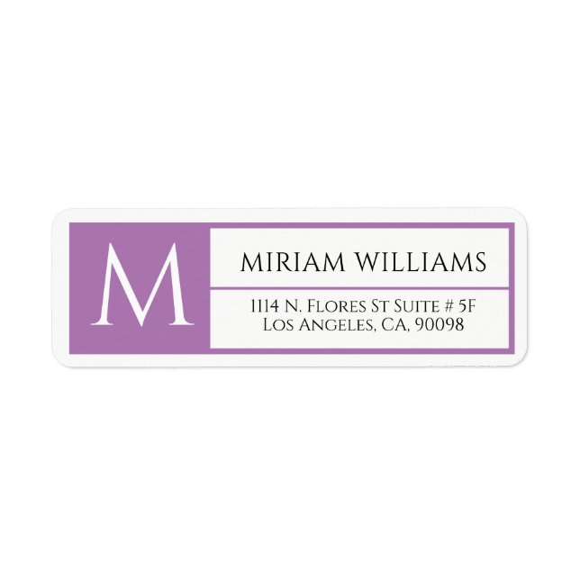 Modern Geometric Purple Frame Custom Monogram Return Address Label (Front)