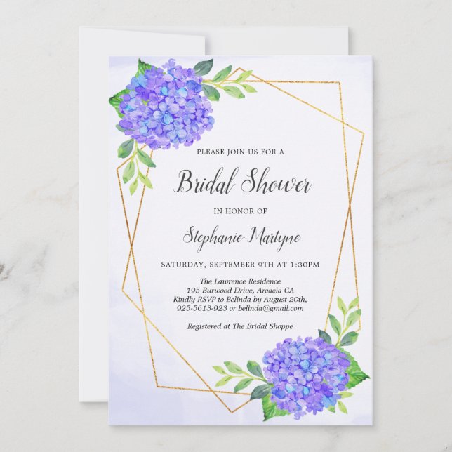 Modern Geometric Purple Hydrangea Bridal Shower Invitation (Front)