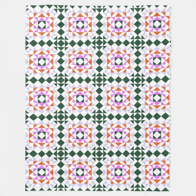 Modern Geometric Quilt Block Pattern Green Purple  Fleece Blanket (Front)