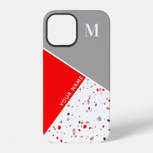 Modern Geometric Red Grey Terrazzo Monogram iPhone 12 Case