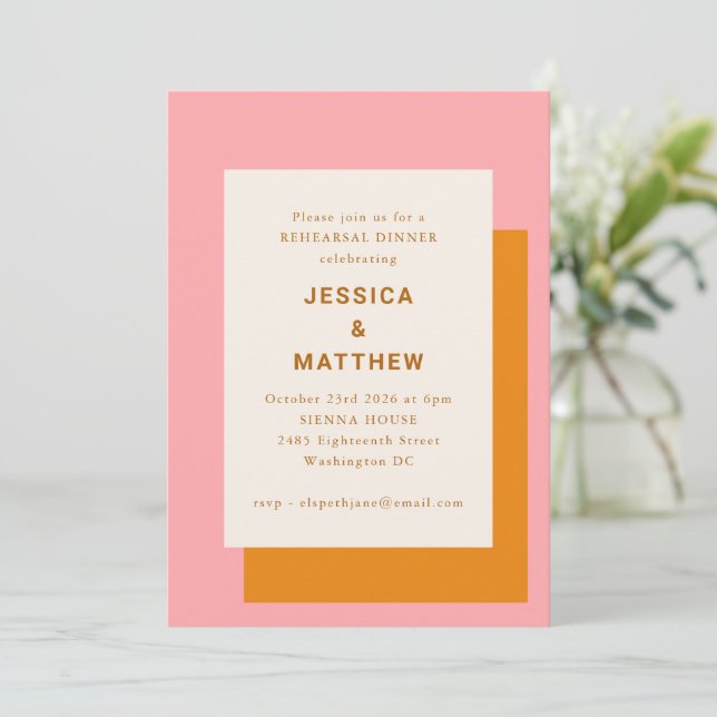 Modern Geometric Rehearsal Dinner Pink and Orange Invitation (Standing Front)