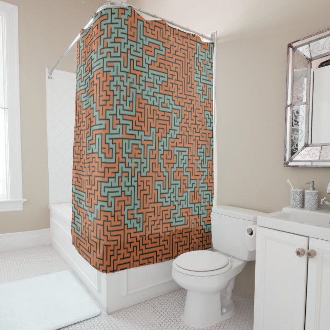 Modern Geometric Retro Maze Pattern Shower Curtain (In Situ)