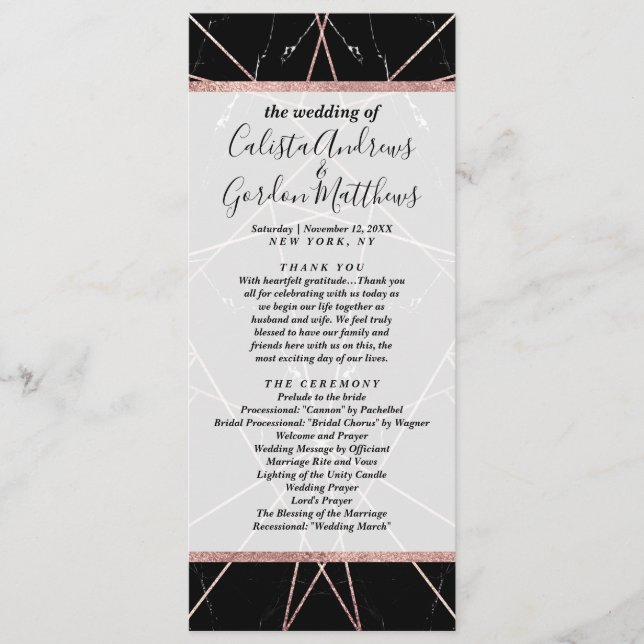 Modern Geometric Rose Gold Marble Triangles Program (Front)