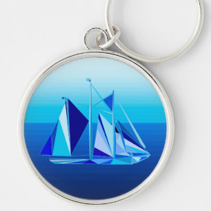 Modern Geometric Sailboat / Yacht, Cobalt Blue Key Ring