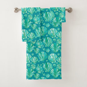 Modern Geometric Seashells, Aqua and Turquoise Bath Towel Set