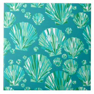 Modern Geometric Seashells, Aqua and Turquoise Ceramic Tile