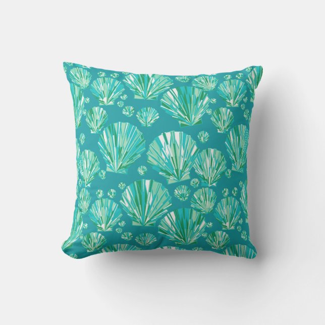 Modern Geometric Seashells, Aqua and Turquoise Cushion (Front)