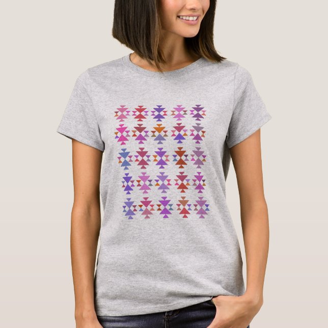 Modern Geometric Shapes Aztec Art in Purple T-Shirt (Front)