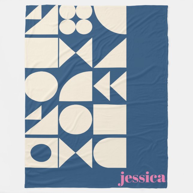 Modern Geometric Shapes Blue Monogram Name Fleece Blanket (Front)