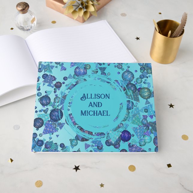 Modern geometric shapes in blue guest book (Front Open)