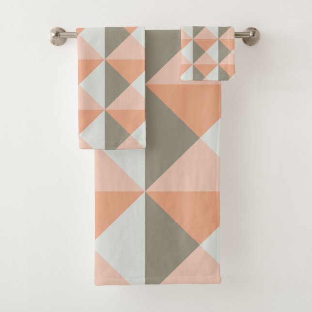 Modern Geometric Shapes Pattern Coral Peach Grey Bath Towel Set (Insitu)