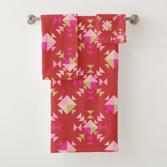 Modern Geometric Shapes Pattern in Bright Red Bath Towel Set (Insitu)