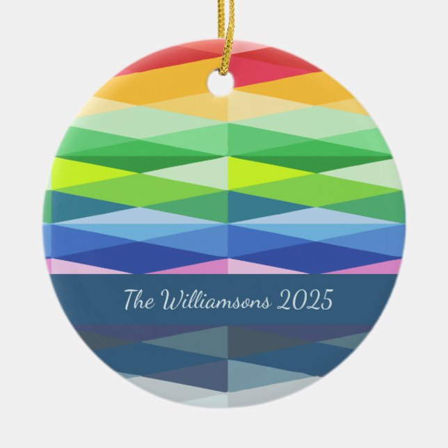 Modern Geometric Shapes Rainbow Personalised Ceramic Ornament (Front)