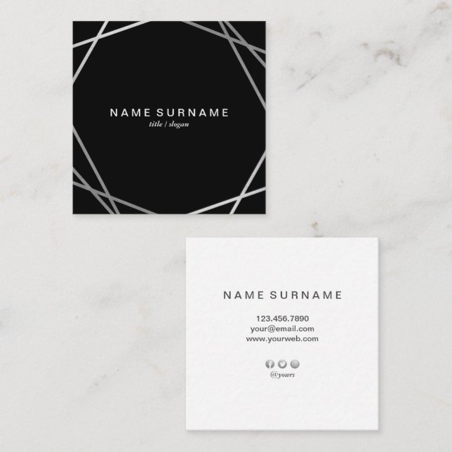 Modern Geometric Silver Black Square Business Card (Front/Back)