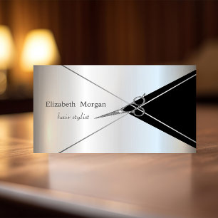 Modern Geometric Silver Stripes Glitter Scissors Business Card