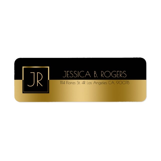 Modern Geometric Slick Design Black & Gold Return Address Label (Front)