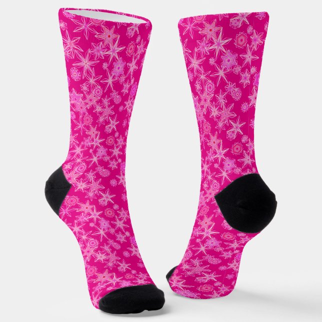 Modern Geometric Snowflakes, Deep Fuchsia Pink  Socks (Angled)