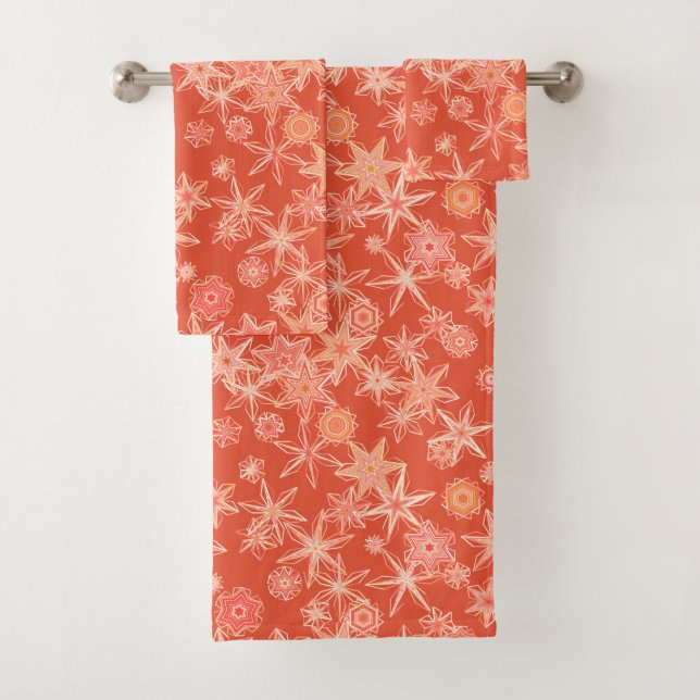 Modern Geometric Snowflakes, Mandarin Orange Bath Towel Set (Insitu)