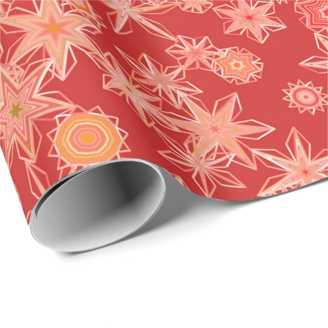 Modern Geometric Snowflakes, Mandarin Orange Wrapping Paper (Roll Corner)