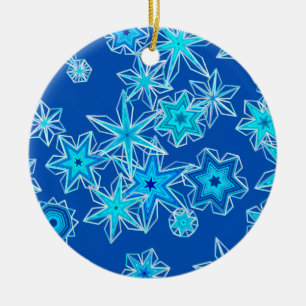 Modern Geometric Snowflakes, Sapphire Blue Ceramic Ornament
