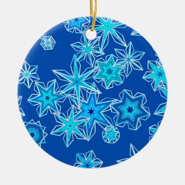 Modern Geometric Snowflakes, Sapphire Blue Ceramic Ornament (Front)