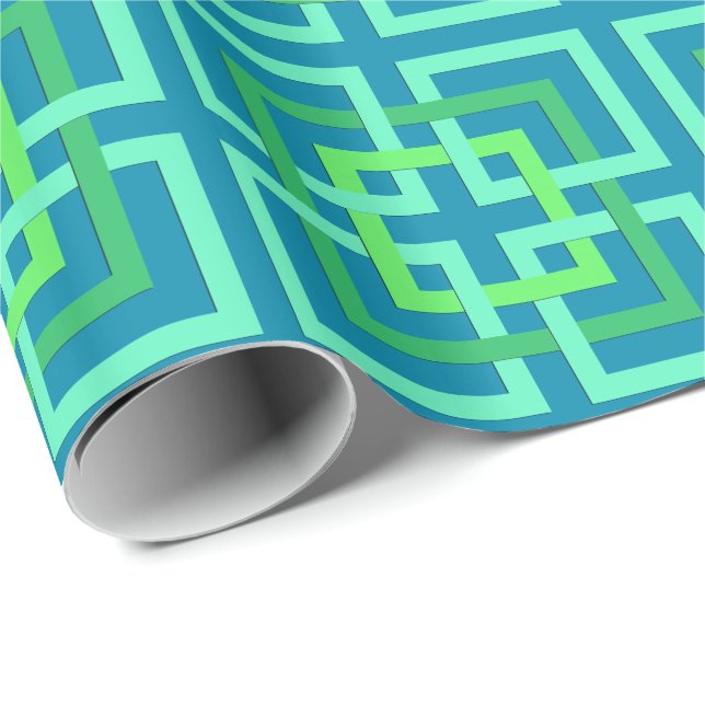 Modern Geometric Squares, Aqua, Teal, Lime Green Wrapping Paper (Roll Corner)