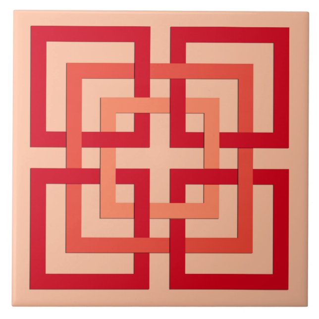 Modern Geometric Squares, Coral Orange & Mandarin Ceramic Tile (Front)