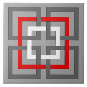 Modern Geometric Squares, Grey, Red and White Ceramic Tile