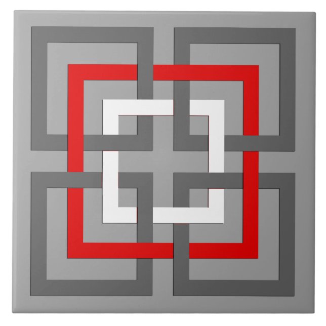 Modern Geometric Squares, Grey, Red and White Ceramic Tile (Front)