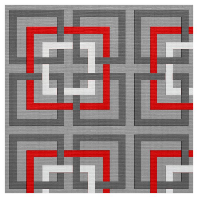 Modern Geometric Squares, Grey, Red and White Fabric (Swatch)
