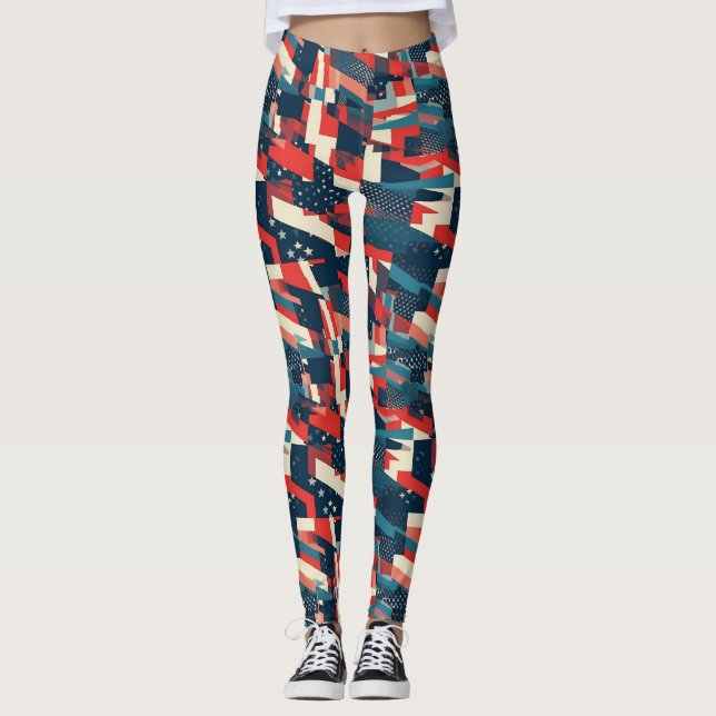 Modern Geometric Stars US Flag Pattern Leggings (Front)