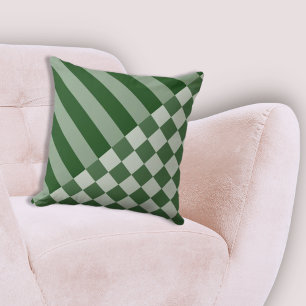 Modern Geometric Stripe & Chequered Forest-Green Cushion