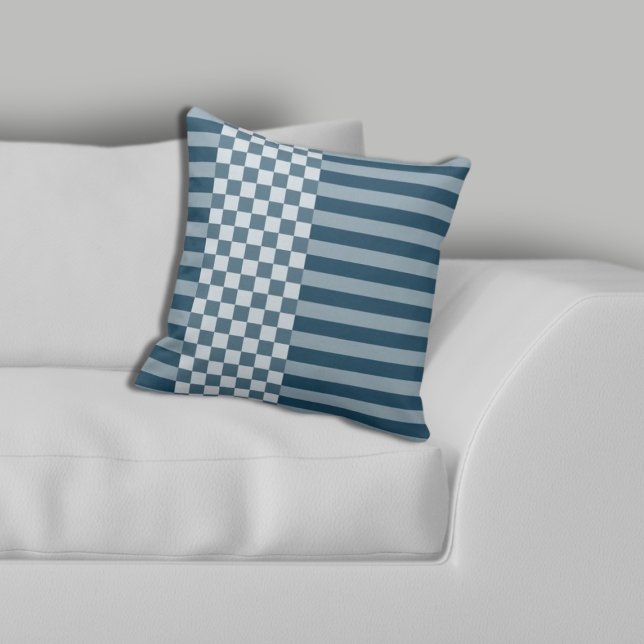 Modern Geometric Stripes & Chequered Yellow Cushion (Modern Geometric Stripes & Checker Yellow Throw Pillow, Living Room)
