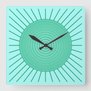 Modern Geometric Sunburst - Aqua and Seafoam Green Square Wall Clock