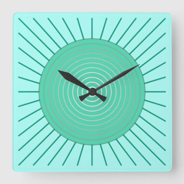 Modern Geometric Sunburst - Aqua and Seafoam Green Square Wall Clock (Front)