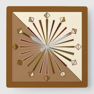 Modern Geometric Sunburst, Brown, Taupe and Beige Square Wall Clock