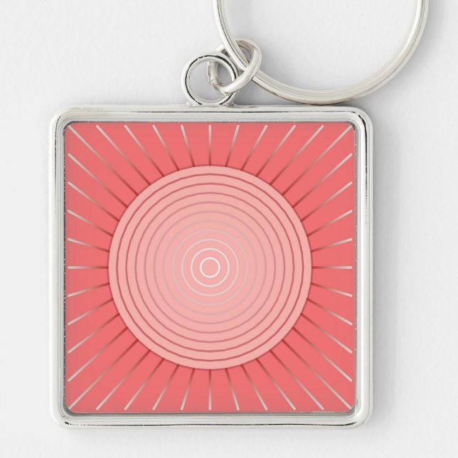 Modern Geometric Sunburst - Deep Coral Pink Key Ring (Front)